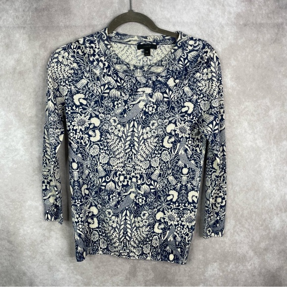 J.Crew Ruffle Knit Merino Wool Mermaid Floral Print Sweater In Blue Size XXS - Picture 1 of 5